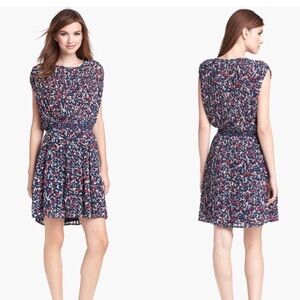 Joie size XS 100% silk blouson empire waist dress floral watercolor pleated